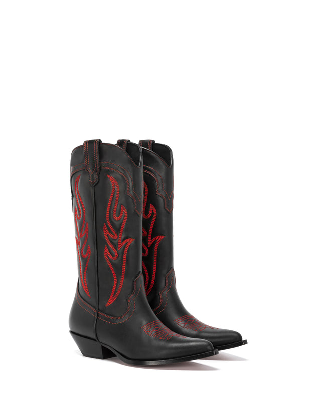 SANTA FE Women's Cowboy Boots in Black Calfskin | Red Embroidery